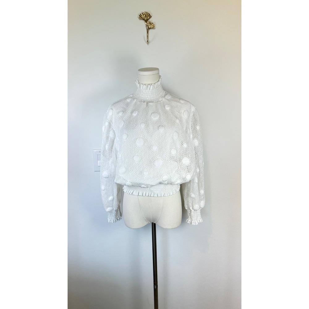 WoWo Mesh Dot Smocked Waist Top Size 3X White Mock neck Cottage Core